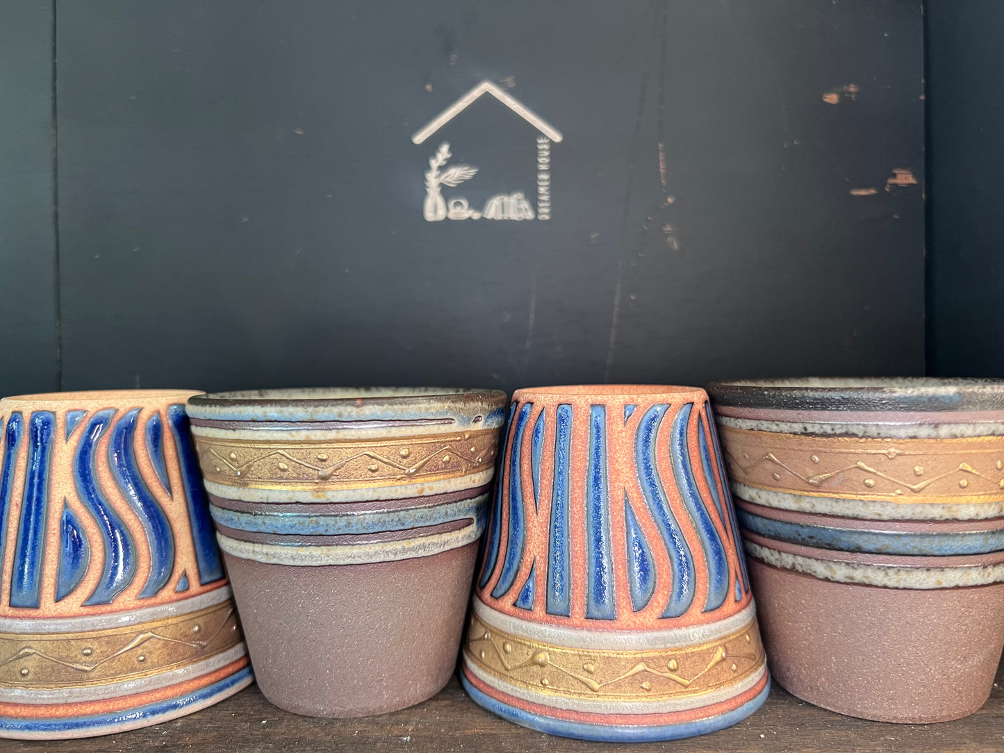 Set of 4 Golden Zigzag Cups | Vintage Pottery | Unique Gift | Handcraft | Japanese Pottery