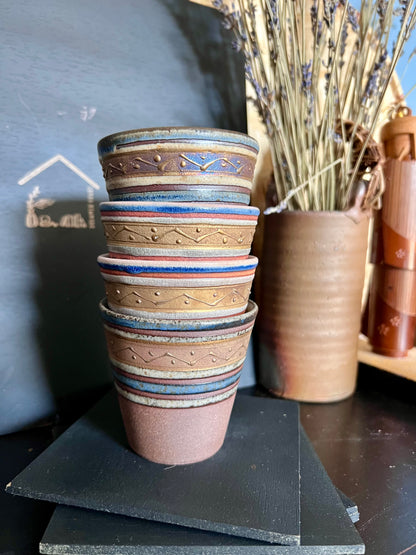 Set of 4 Golden Zigzag Cups | Vintage Pottery | Unique Gift | Handcraft | Japanese Pottery